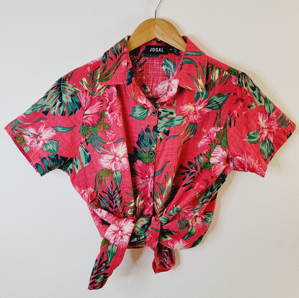 Jogal Women's Hawaiian Hibiscus Floral Button Down Shirt Size Small